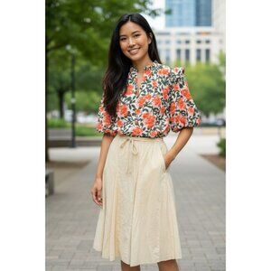 Banana Republic Womens Size M Beige Cotton Midi Skirt A-Line Pleated Boho Chic